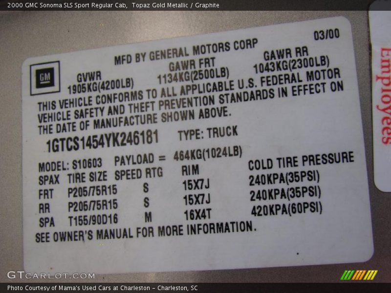 Topaz Gold Metallic / Graphite 2000 GMC Sonoma SLS Sport Regular Cab