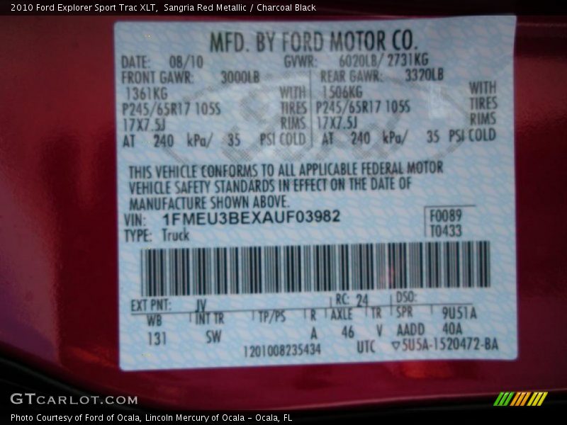 Sangria Red Metallic / Charcoal Black 2010 Ford Explorer Sport Trac XLT