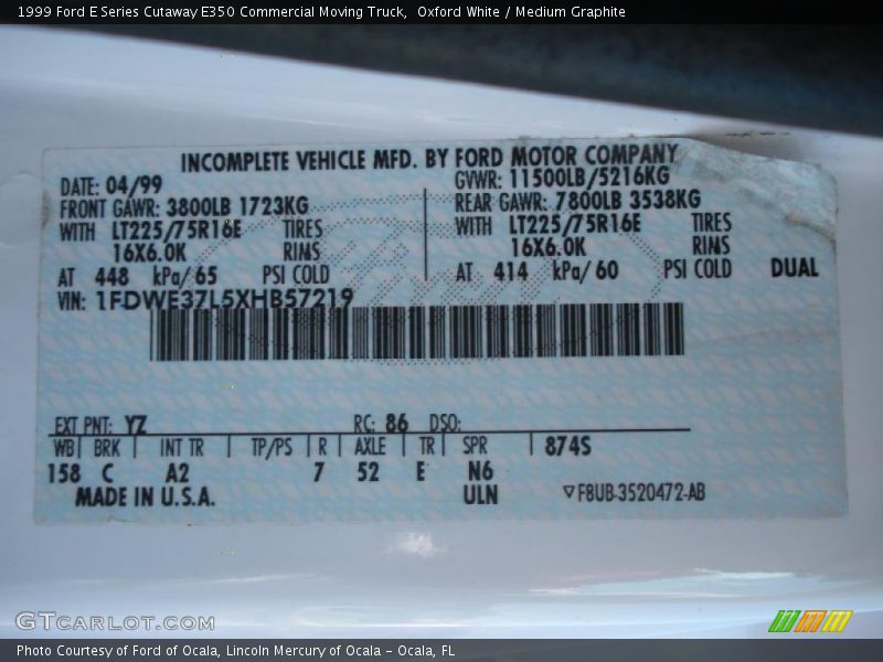 Oxford White / Medium Graphite 1999 Ford E Series Cutaway E350 Commercial Moving Truck