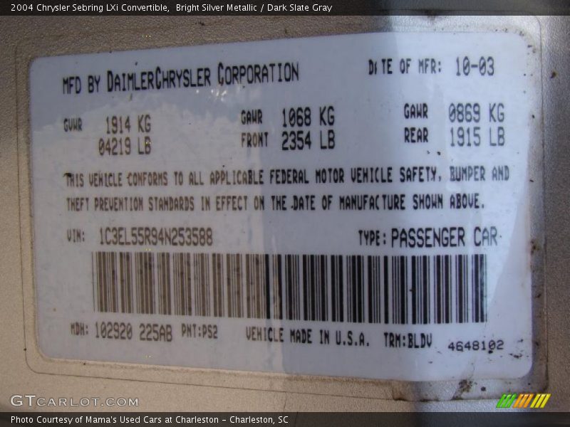 Bright Silver Metallic / Dark Slate Gray 2004 Chrysler Sebring LXi Convertible
