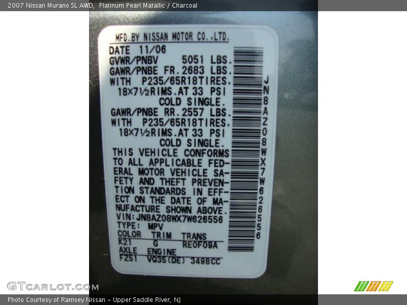 Platinum Pearl Matallic / Charcoal 2007 Nissan Murano SL AWD