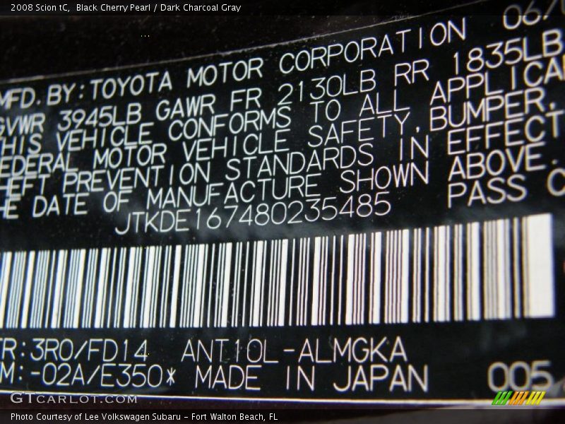 Black Cherry Pearl / Dark Charcoal Gray 2008 Scion tC