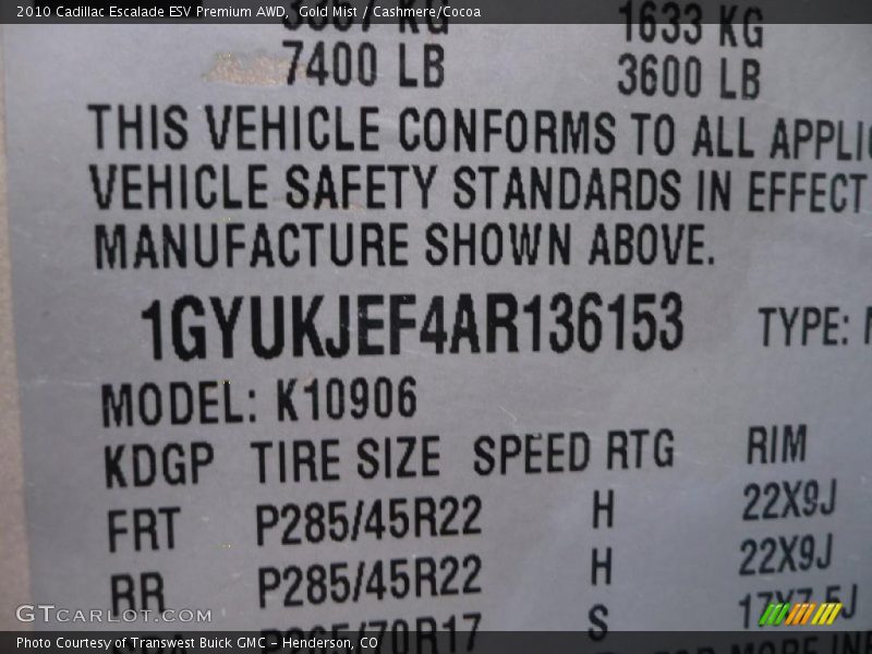 Gold Mist / Cashmere/Cocoa 2010 Cadillac Escalade ESV Premium AWD