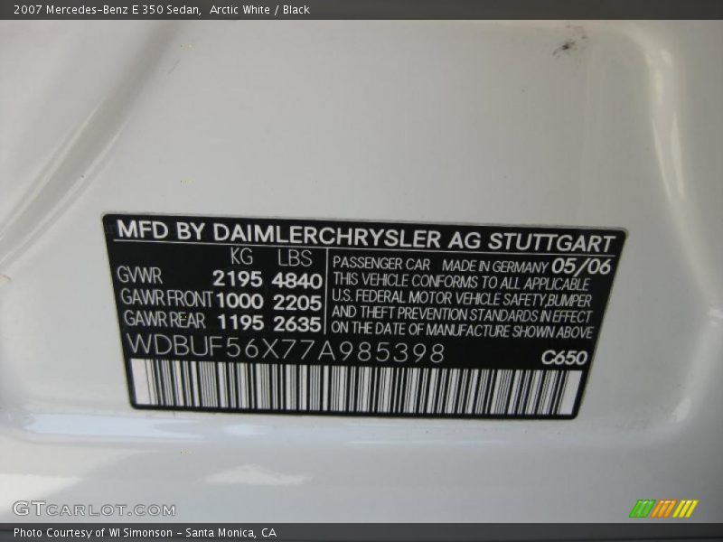 Arctic White / Black 2007 Mercedes-Benz E 350 Sedan