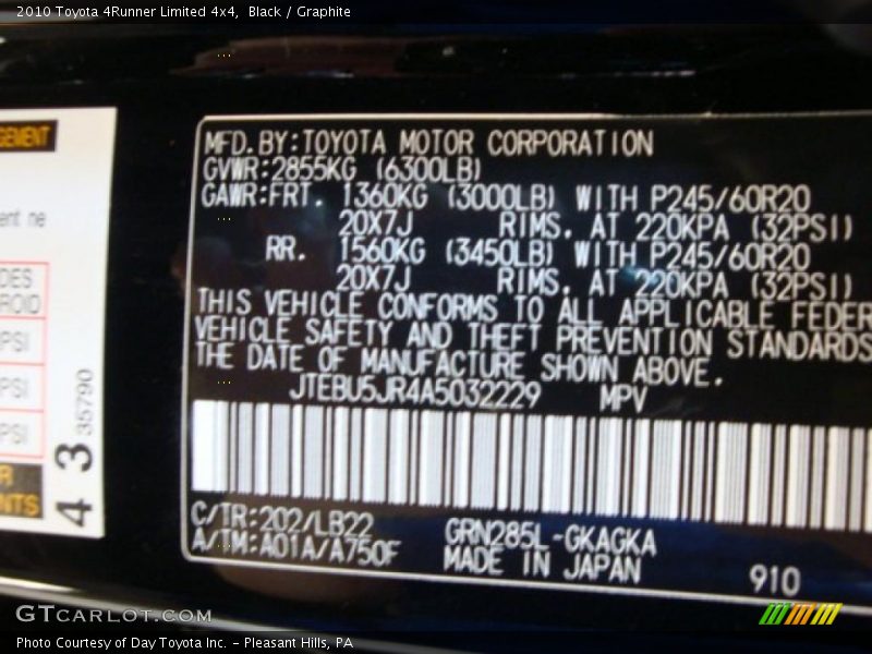 Black / Graphite 2010 Toyota 4Runner Limited 4x4