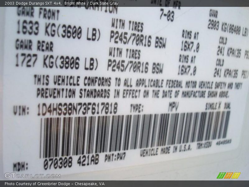 Bright White / Dark Slate Gray 2003 Dodge Durango SXT 4x4