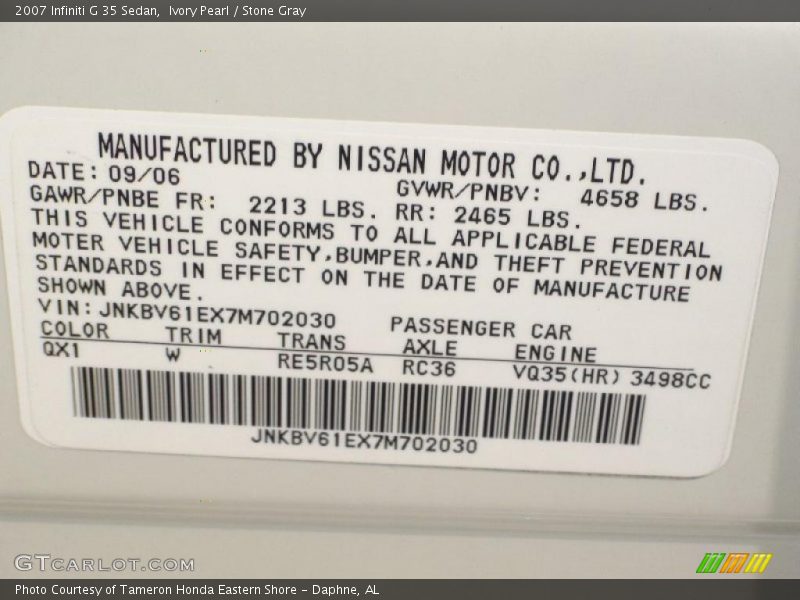 Ivory Pearl / Stone Gray 2007 Infiniti G 35 Sedan