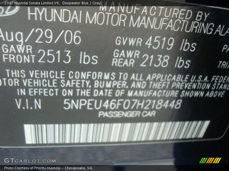 Deepwater Blue / Gray 2007 Hyundai Sonata Limited V6
