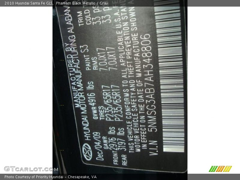 Phantom Black Metallic / Gray 2010 Hyundai Santa Fe GLS