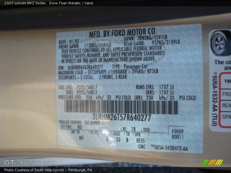 Dune Pearl Metallic / Sand 2007 Lincoln MKZ Sedan