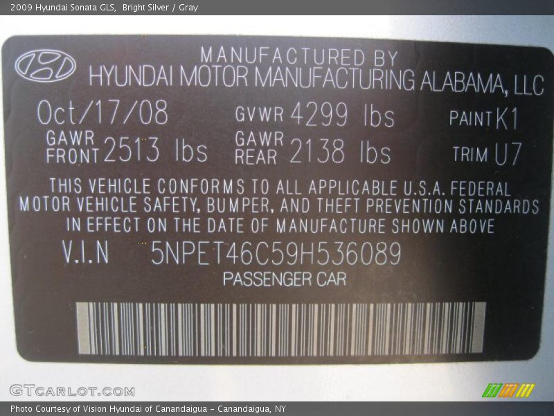 Bright Silver / Gray 2009 Hyundai Sonata GLS