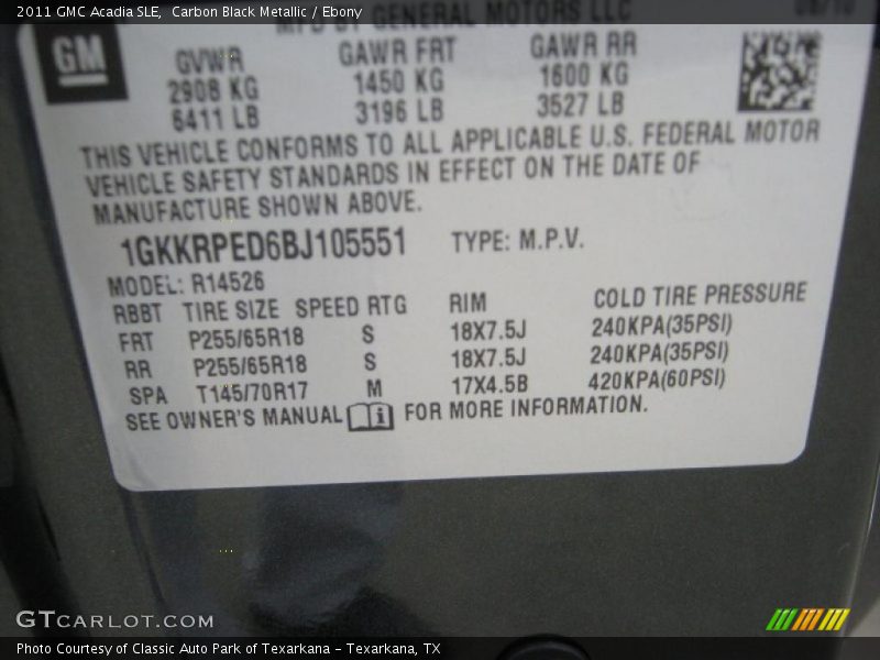 Carbon Black Metallic / Ebony 2011 GMC Acadia SLE