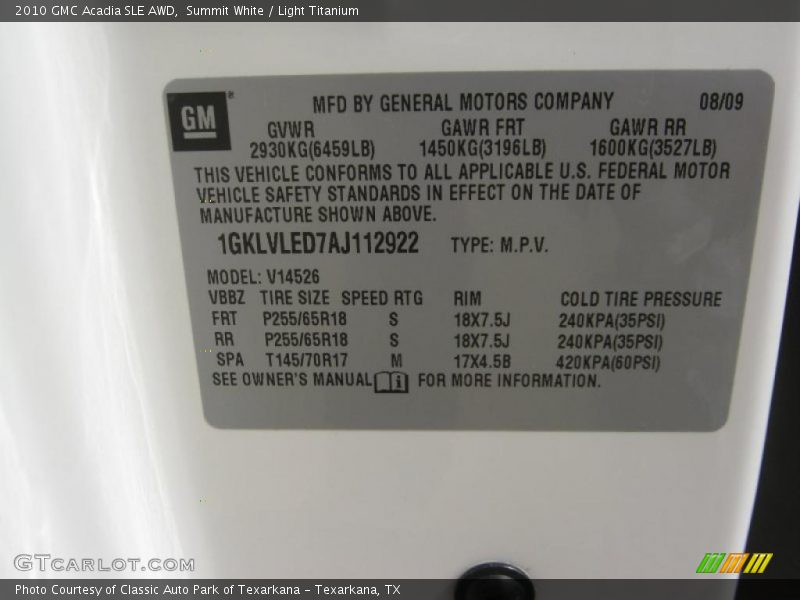 Summit White / Light Titanium 2010 GMC Acadia SLE AWD