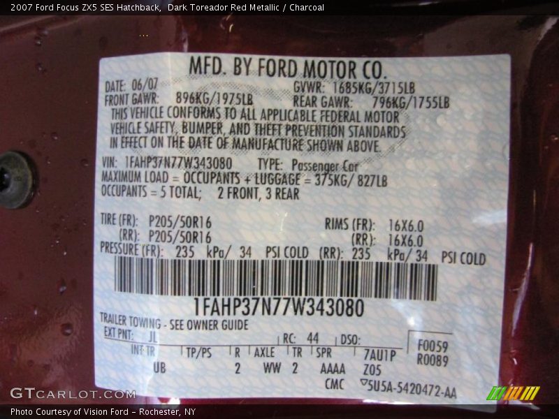 Dark Toreador Red Metallic / Charcoal 2007 Ford Focus ZX5 SES Hatchback