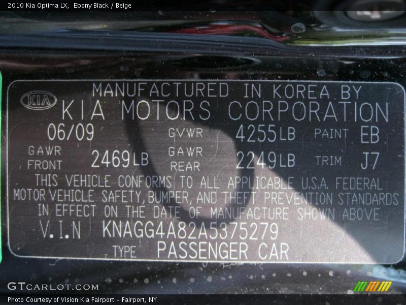 Ebony Black / Beige 2010 Kia Optima LX