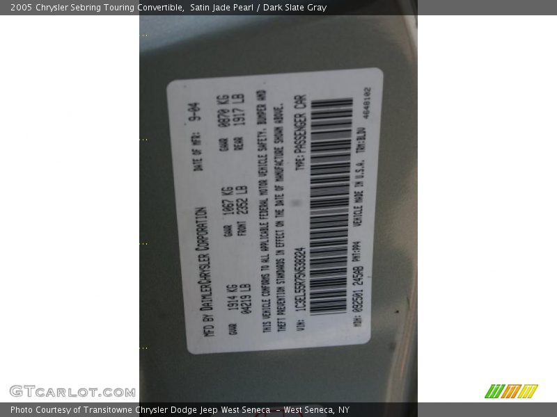 Satin Jade Pearl / Dark Slate Gray 2005 Chrysler Sebring Touring Convertible