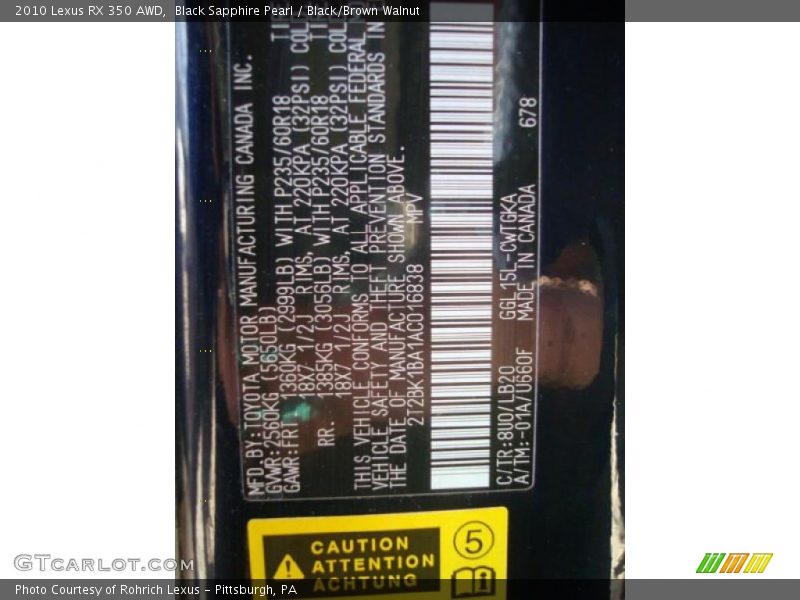 Black Sapphire Pearl / Black/Brown Walnut 2010 Lexus RX 350 AWD