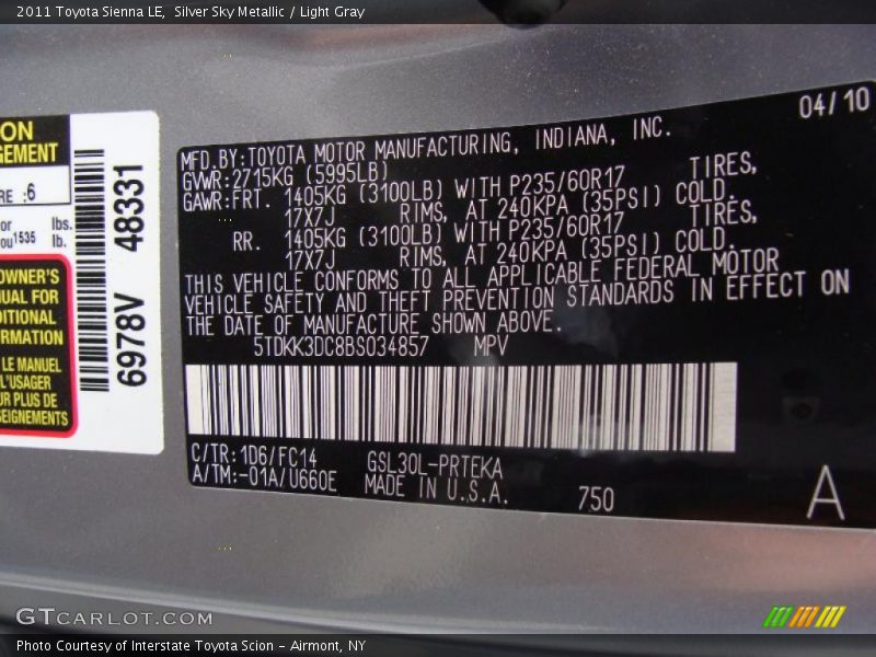 Silver Sky Metallic / Light Gray 2011 Toyota Sienna LE