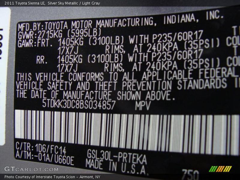 Silver Sky Metallic / Light Gray 2011 Toyota Sienna LE