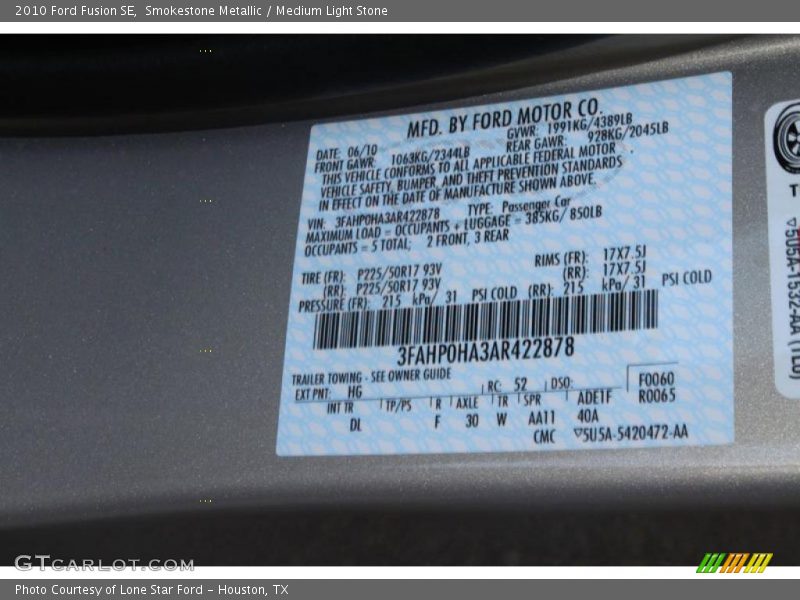 Smokestone Metallic / Medium Light Stone 2010 Ford Fusion SE