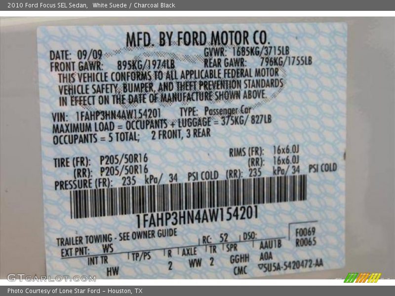 White Suede / Charcoal Black 2010 Ford Focus SEL Sedan