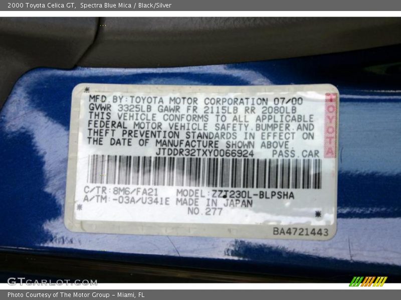 Spectra Blue Mica / Black/Silver 2000 Toyota Celica GT