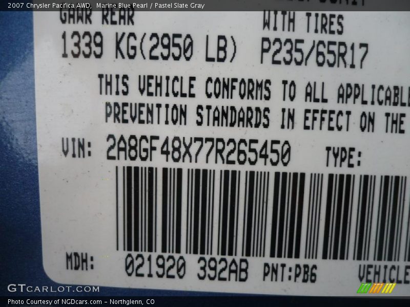 Marine Blue Pearl / Pastel Slate Gray 2007 Chrysler Pacifica AWD
