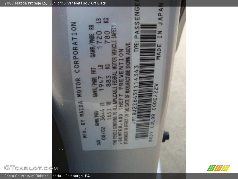 Sunlight Silver Metallic / Off Black 2003 Mazda Protege ES