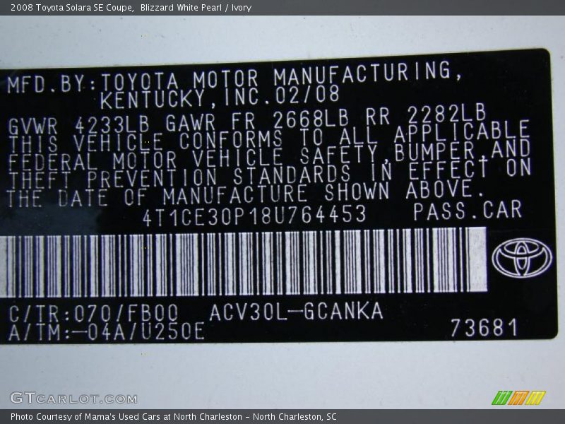 Blizzard White Pearl / Ivory 2008 Toyota Solara SE Coupe