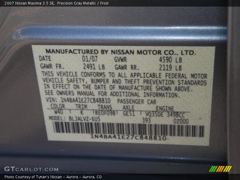 Precision Gray Metallic / Frost 2007 Nissan Maxima 3.5 SE