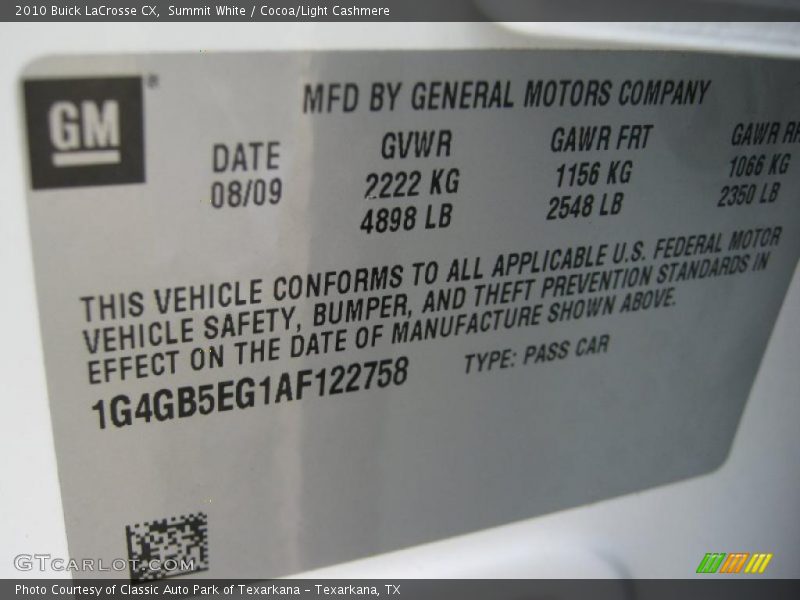 Summit White / Cocoa/Light Cashmere 2010 Buick LaCrosse CX