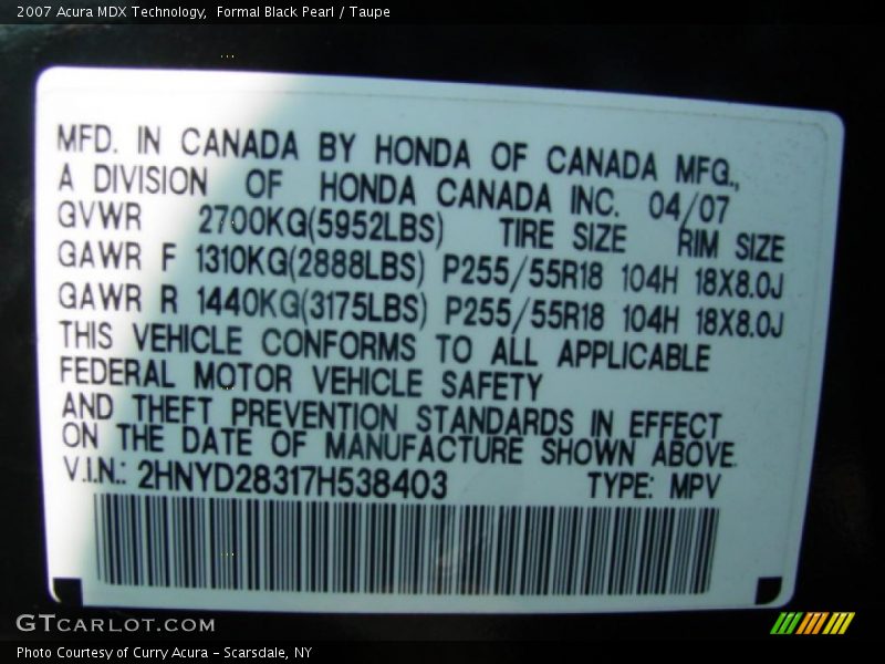Formal Black Pearl / Taupe 2007 Acura MDX Technology