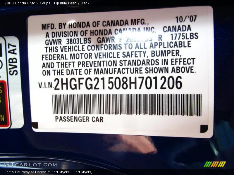 Fiji Blue Pearl / Black 2008 Honda Civic Si Coupe