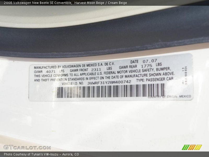 Harvest Moon Beige / Cream Beige 2008 Volkswagen New Beetle SE Convertible