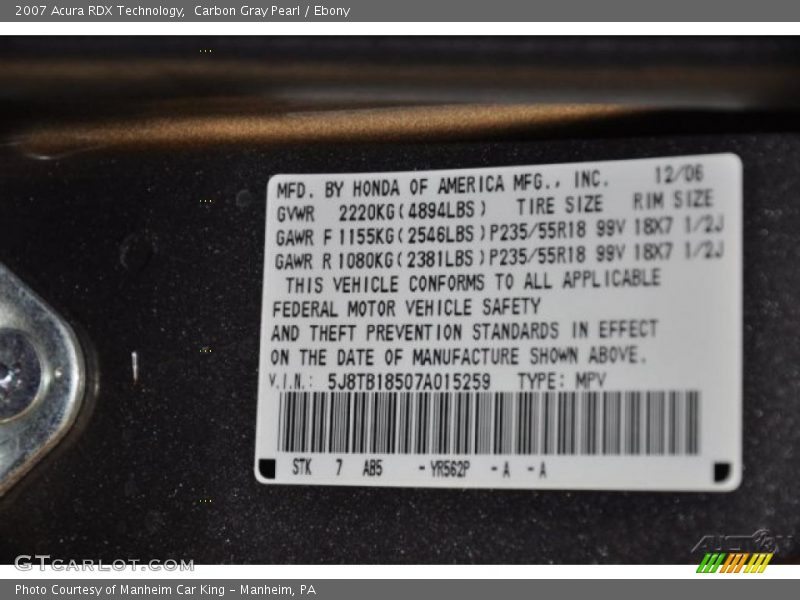 Carbon Gray Pearl / Ebony 2007 Acura RDX Technology