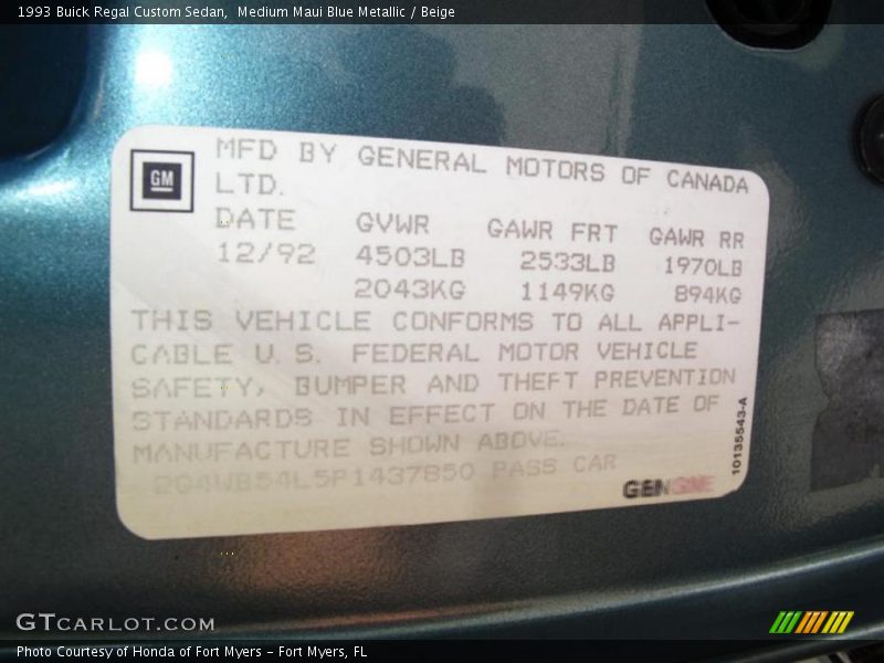 Medium Maui Blue Metallic / Beige 1993 Buick Regal Custom Sedan