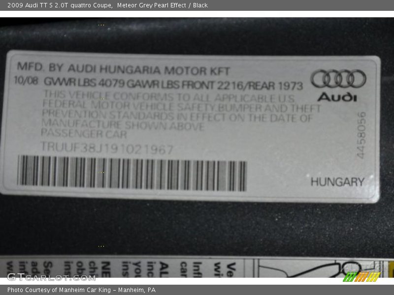 Meteor Grey Pearl Effect / Black 2009 Audi TT S 2.0T quattro Coupe
