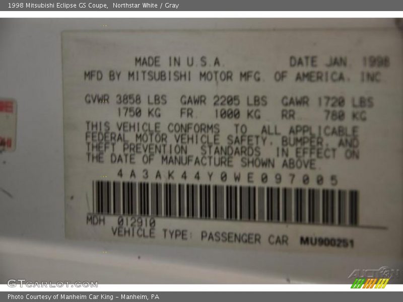 Northstar White / Gray 1998 Mitsubishi Eclipse GS Coupe