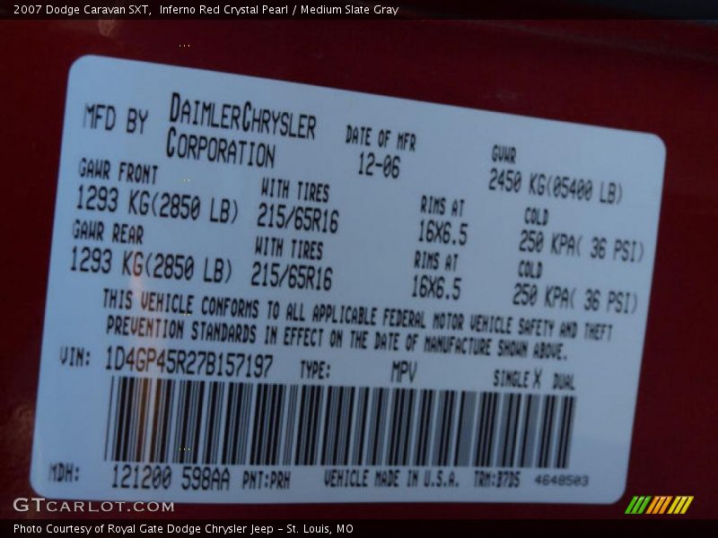 2007 Caravan SXT Inferno Red Crystal Pearl Color Code PRH