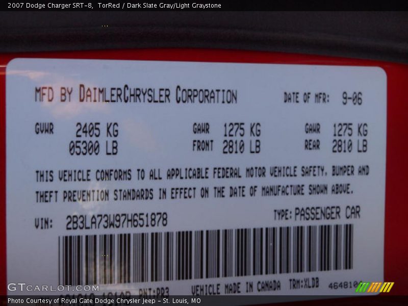 2007 Charger SRT-8 TorRed Color Code PR3