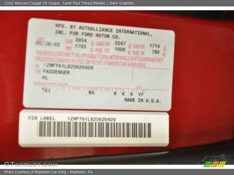 Laser Red Tinted Metallic / Dark Graphite 2002 Mercury Cougar V6 Coupe