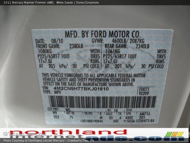 White Suede / Stone/Greystone 2011 Mercury Mariner Premier AWD