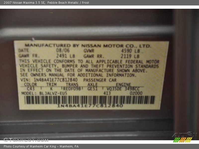 Pebble Beach Metallic / Frost 2007 Nissan Maxima 3.5 SE