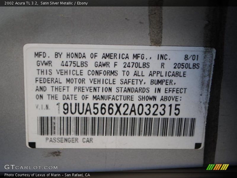 Satin Silver Metallic / Ebony 2002 Acura TL 3.2