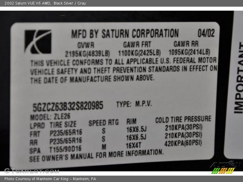 Black Silver / Gray 2002 Saturn VUE V6 AWD
