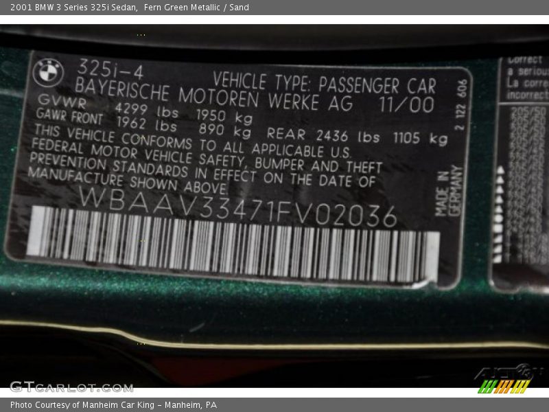 Fern Green Metallic / Sand 2001 BMW 3 Series 325i Sedan