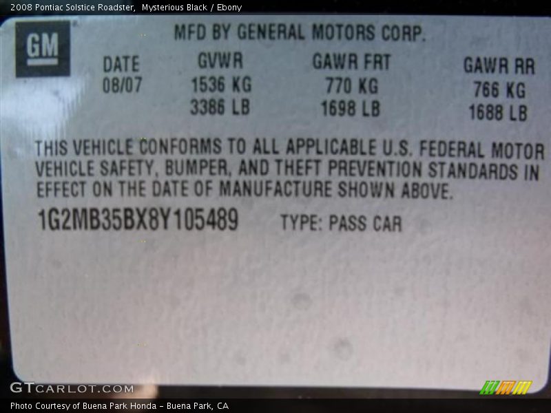 Mysterious Black / Ebony 2008 Pontiac Solstice Roadster