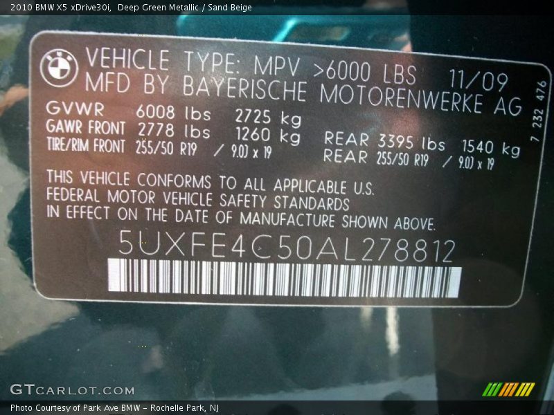 Deep Green Metallic / Sand Beige 2010 BMW X5 xDrive30i