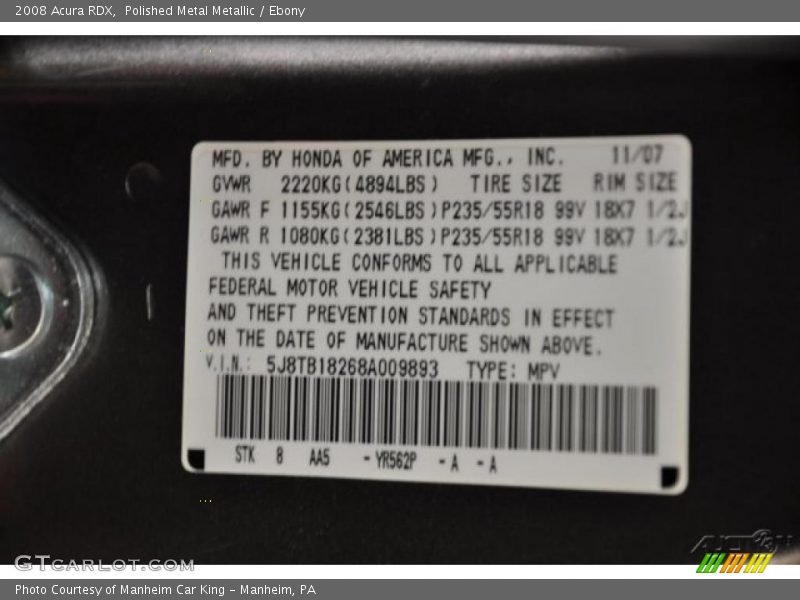 Polished Metal Metallic / Ebony 2008 Acura RDX