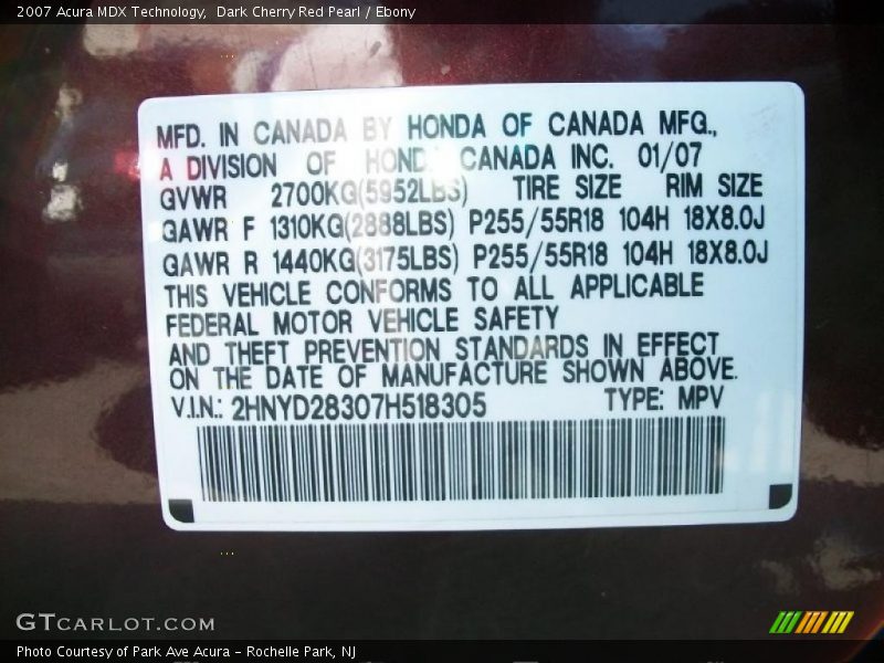 Dark Cherry Red Pearl / Ebony 2007 Acura MDX Technology